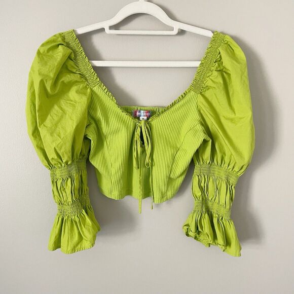 Urban Outfitters Size M Green Big Peasant Puff Sleeve Ribbed Cropped Top - Picture 1 of 8